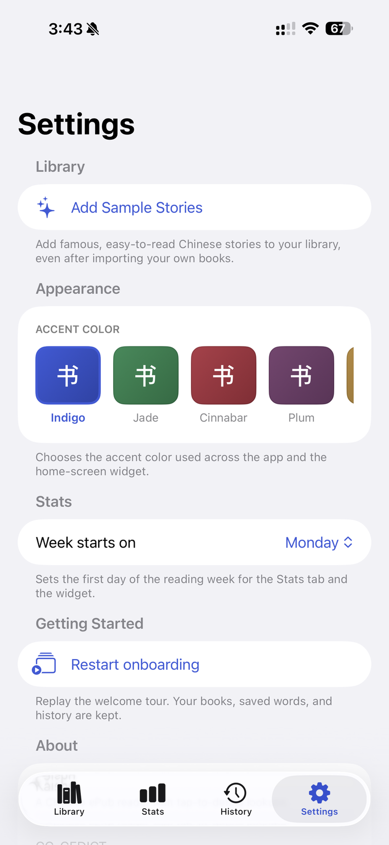 Six accent colors and three reader themes.